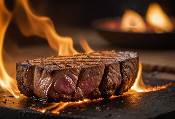 juicy steak on fire grilling flame close up