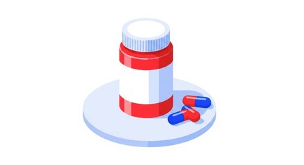 Red and white medicine bottle with blue and red capsules