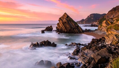 Rocky shoreline meets sea under a colorful sky. Waves crash against rocks creating soft white streaks in the water
