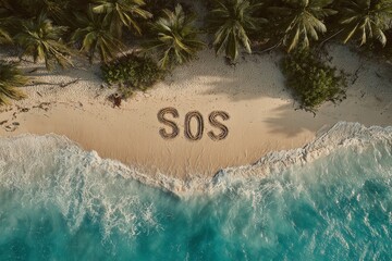 tropical beach with water and palm trees. "SOS" written in the sand