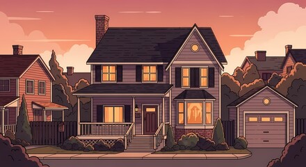 Modern house illustration with geometric design, glowing warm interior lights, vibrant sky gradient, professional architectural style."