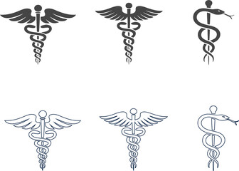 Modern Caduceus icon set in flat and outline styles, ideal for medical logos, clinic branding, pharmacy apps, and healthcare design projects. Clean, minimal, and professional vector pack.