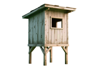 Rustic wooden elevated observation hut with small window
