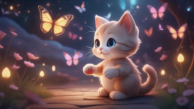Cartoon kitten with butterflies in a magical garden setting