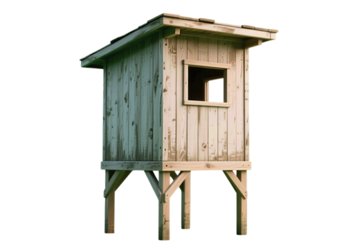 Rustic wooden elevated observation hut with small window