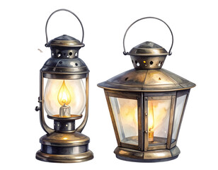  Tiny Vintage Lantern Pair with Thin Vertical Smoke Columns, Minimal Fantasy Style, Isolated Background