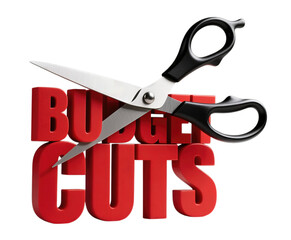 Scissors cutting through bold red 3D budget cuts text