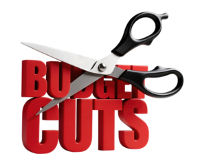 Scissors cutting through bold red 3D budget cuts text