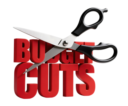 Scissors cutting through bold red 3D budget cuts text