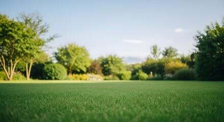 Obraz premium Lush green lawn with trees and sunny sky