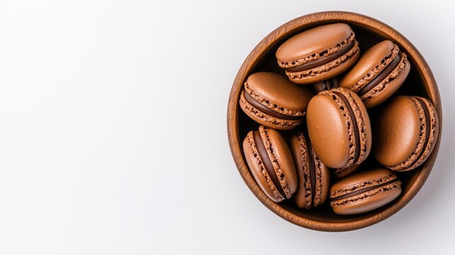 A top view showcases a bowl filled with chocolate macarons against a soft, light background. The minimalist presentation highlights their delicate texture and rich color