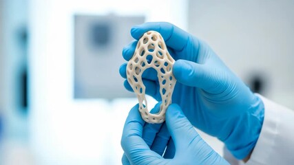 Scientist in blue gloves holding 3D printed bone scaffold. Bioprinting medical implant for regenerative medicine and tissue engineering. - Powered by Adobe