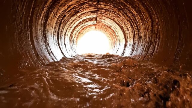 Inside View Of Pipe Carrying Muddy Water On Bright Day