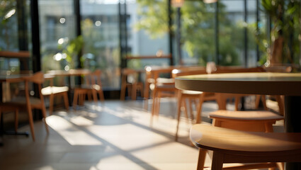 Fototapeta premium Sunlit cafe interior with wooden tables and chairs