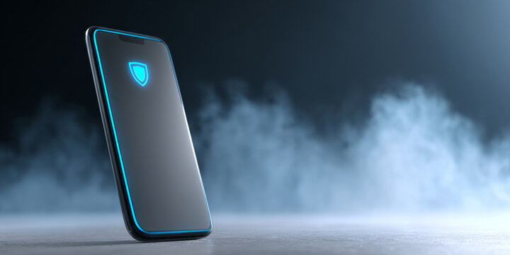 A smartphone with a glowing shield icon on the screen, surrounded by smoke and blue lighting effects