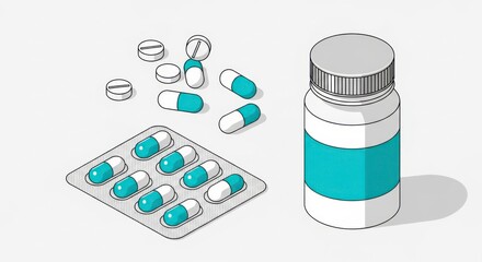 Isometric illustration of medication capsules blister pack and bottle