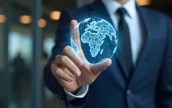 Business service online digital technology. Businessman touching digital globe hologram. Quality business relationship. customer service advice and support. Technology robot assistance online services