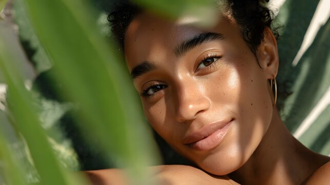 Portrait of beautiful young african american woman with green leaves.