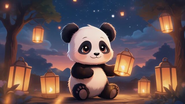 Cartoon panda with lanterns in night scene