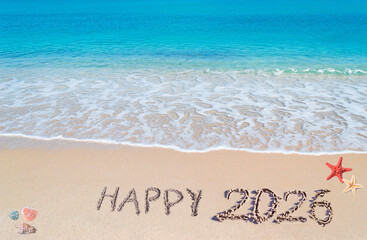 happy 2026 on a tropical beach