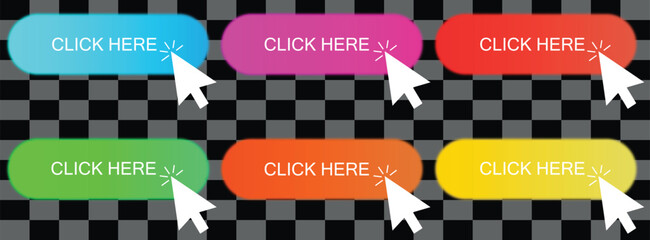Click here buttons in various colors with mouse cursor on transparent background, ideal for website calltoaction, user interface design, and interactive elements