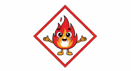 Cute flame character with a happy face and thumbs up in safety diamond, great for kids education or warning signs, adds a playful touch to safety messaging