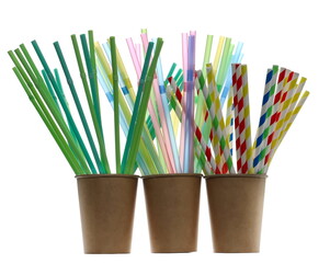 collection colorful paper and plastic drinking straw in brown paper cup isolated on white, clipping path, side view	