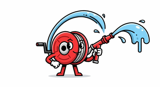 Cartoon fire hose character spraying water with happy expression, perfect for safety campaigns or children's education materials with a playful vibe