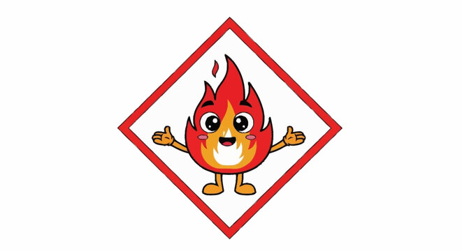 Cute flame character with a happy face and thumbs up in safety diamond, great for kids education or warning signs, adds a playful touch to safety messaging