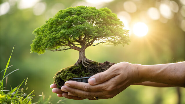Hands holding a small tree with green leaves in the morning sunlight