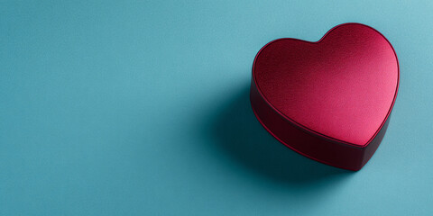 Obraz premium A red heart-shaped tin sits on a blue background, casting a shadow to the right of it