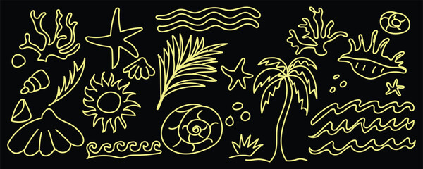 Gold Ocean Scene Sketches, Golden Beach Line Icons, Elegant Coastal Doodles