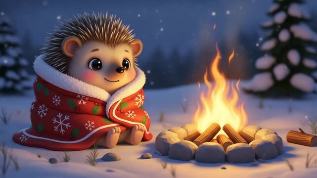 Adorable cute hedgehog character wrapped in red Christmas blanket sitting near small campfire in snowy winter forest night 3d illustration

