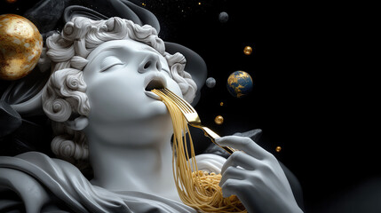 Creative sculpture of a woman enjoying spaghetti against a surreal background with planets and clouds