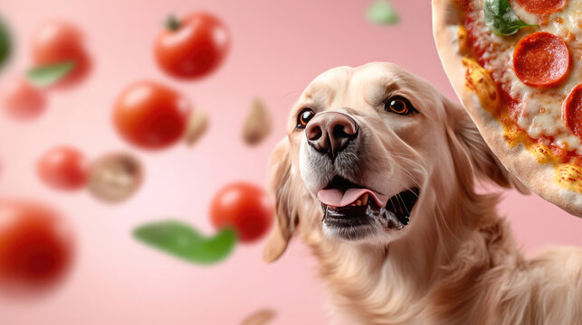 Dog enjoys a delicious slice of pizza in a colorful and playful scene filled with toppings