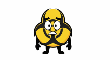 Naklejka premium Worried biohazard symbol cartoon character standing nervously, ideal for safety awareness campaigns and educational health content to illustrate potential dangers
