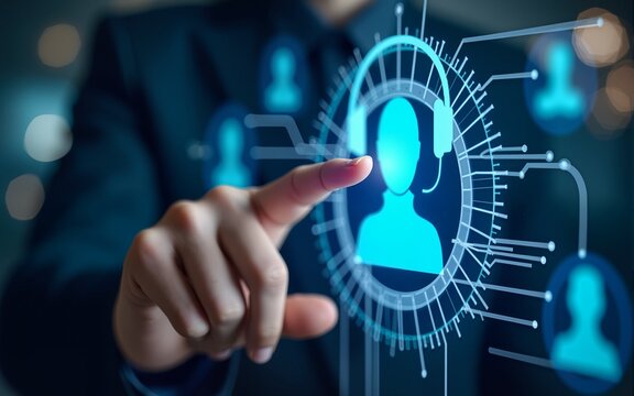 Technical support customer service concept, Person hand touching VR screen support customer icon, Technology internet concept, it support, call center and customer service help. High quality