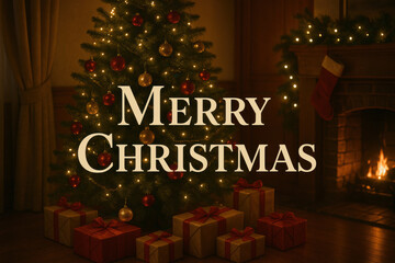 Warm Christmas scene with glowing tree lights, wrapped gifts and cozy fireplace, featuring elegant Merry Christmas text in a festive holiday atmosphere
