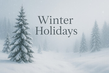Serene snowy forest landscape with frosted pine trees and soft mist, featuring elegant Winter Holidays text in a calm, peaceful seasonal atmosphere