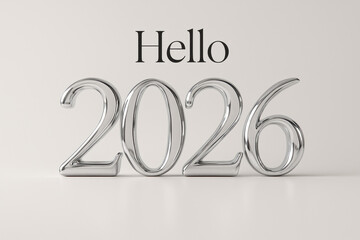 Minimal elegant New Year concept with shiny silver 2026 numbers and clean soft background featuring simple Hello 2026 text