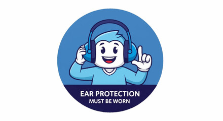 Wear ear protection cartoon character promoting safety compliance at the construction site or noisy factory with this adorable mascot illustration today!