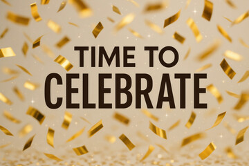 Festive celebration scene with golden falling confetti and bold Time To Celebrate text creating a joyful party atmosphere
