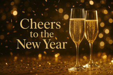 Elegant New Year celebration scene with two sparkling champagne glasses and golden confetti, featuring Cheers to the New Year text in a festive luxurious atmosphere