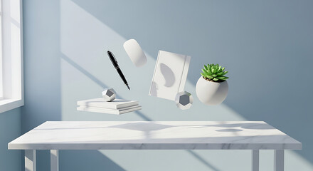 Floating minimalist office essentials above a sleek marble desk
