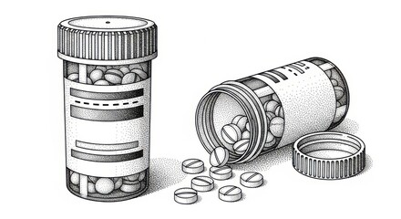 Prescription pill bottle and scattered tablets illustration