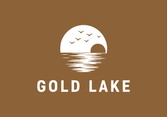 Stylized graphic design of a serene lake landscape with a setting sun and flying birds, embodying natural beauty and peace