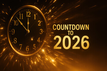 Golden festive countdown clock glowing against a dark background with bright sparks, highlighting bold Countdown To 2026 text in a celebratory New Year atmosphere