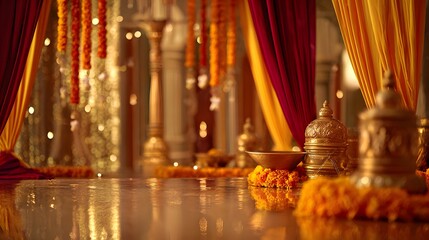 Fototapeta premium Navratri festival background, Buddhist religious ceremony in the temple, close-up. golden garlands and red background, selective focus, golden temple bells, and marigold garlands.