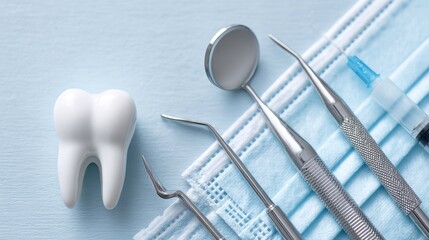 Dental instruments and tooth model for oral health care on blue background