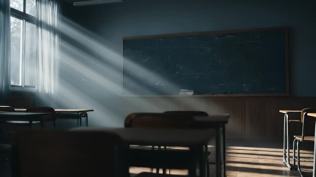 The image captures a quiet classroom with wooden desks and sunlight filtering through the sheer curtains. The sunlight illuminates the blackboard, highlighting the tranquil classro